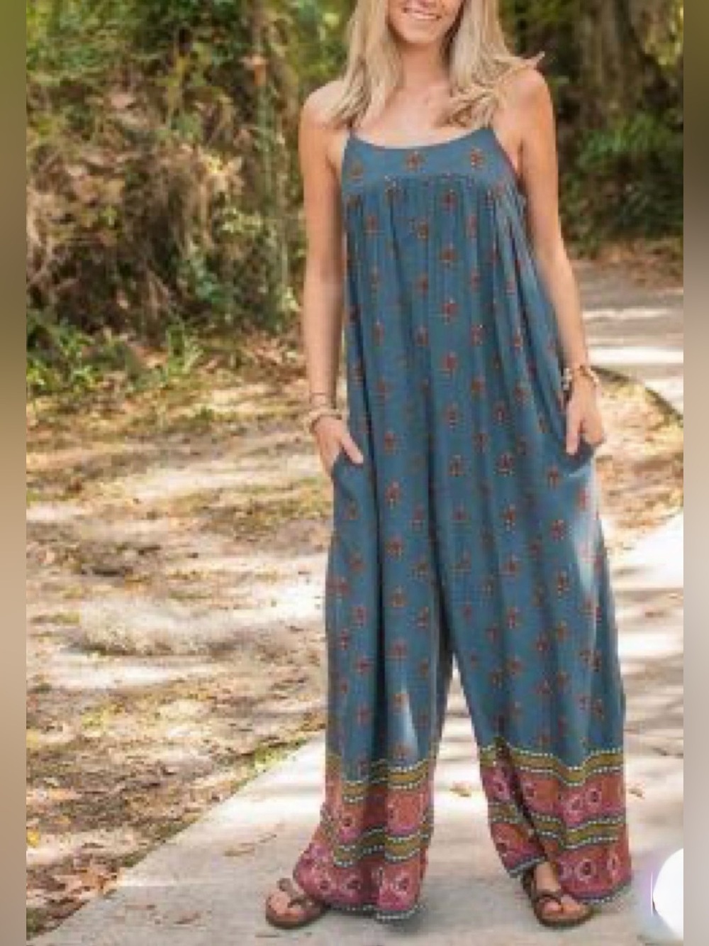Natural Life Boho Wide Leg Rayon Jumpsuit Romper Floral Border Print Size Small